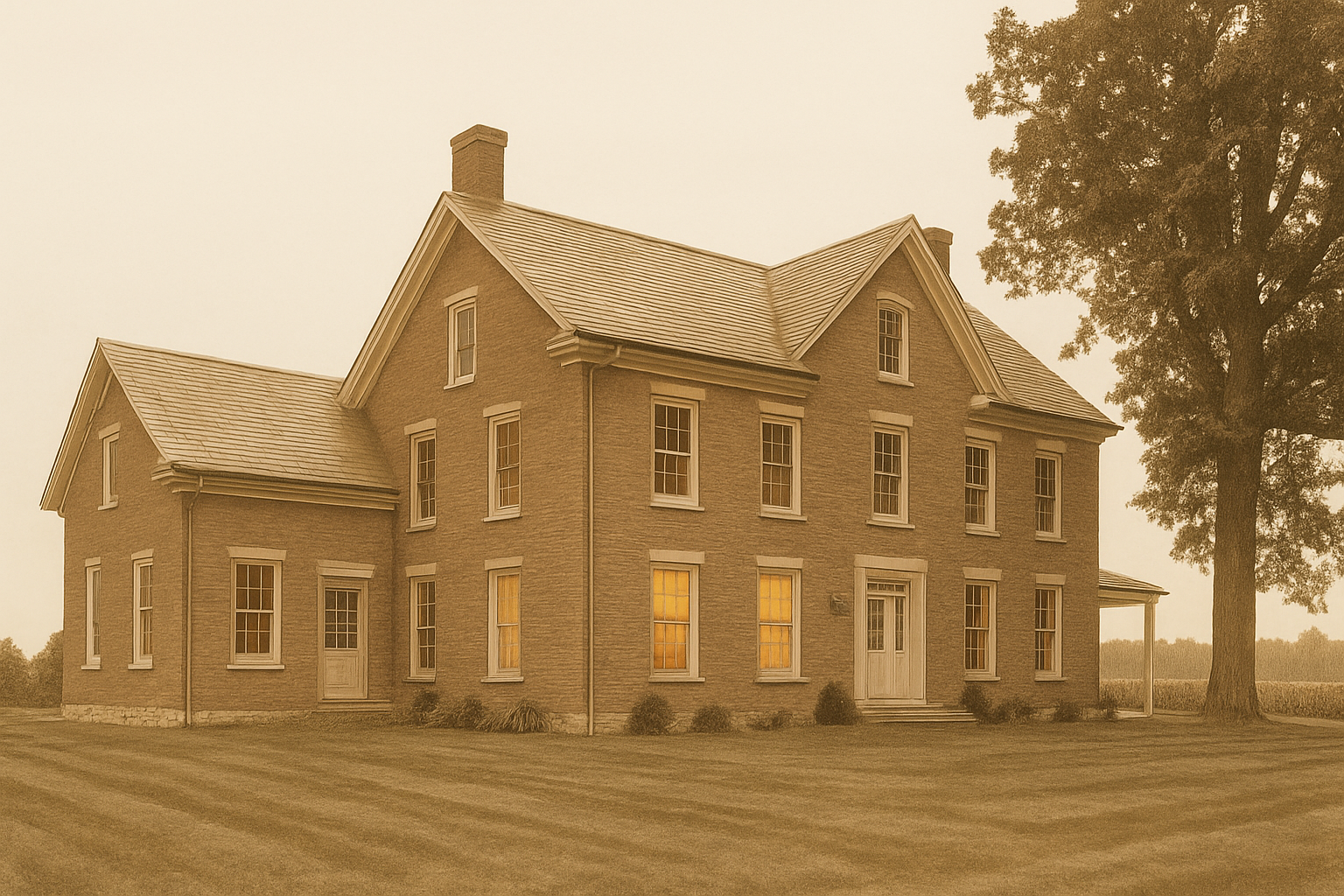 Warm-toned image of a large brick farmhouse with glowing windows, a wide lawn, and a tall tree, suggesting a quiet family home.