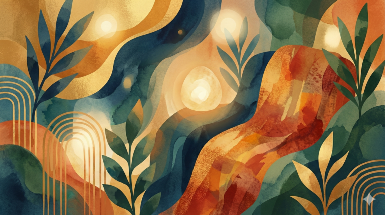 Image 3: An abstract, watercolor-style illustration with flowing organic shapes, leaves, and glowing circular lights. The colors are a mix of warm tones like gold, orange, and red, and cool tones like dark blue and green, creating a sense of movement and natural energy.